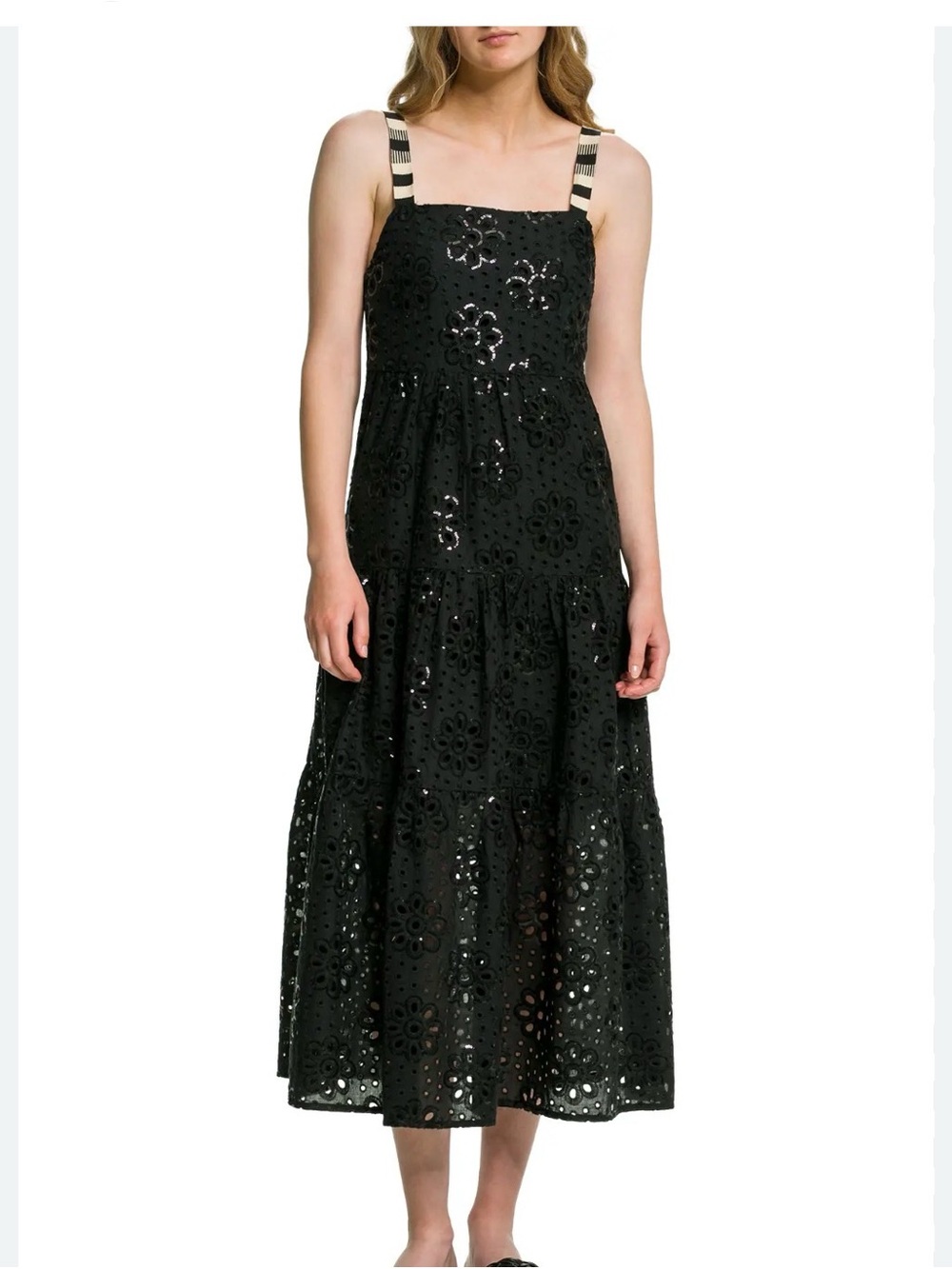 Desigual Black Eyelet Sequin Leah Midi Dress with Striped Straps Sz L US 10